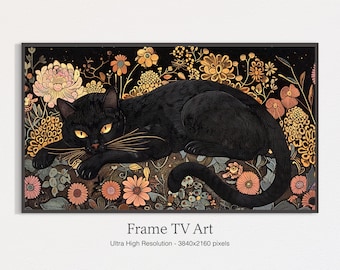 Samsung Frame TV Art, Vintage Frame Tv Art, Black Cat Art, Cat in Garden Painting, Animal Painting, Dark Painting, Farmhouse decor