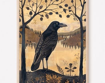 Crow Nature Print - Bird Print - Vintage Style Art - Witchy Cottagecore Art - Gothic Raven Wall Décor