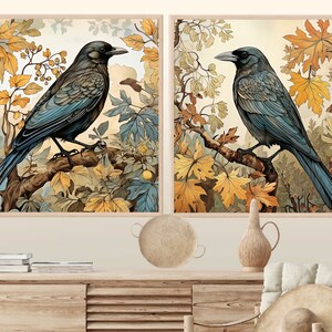 Neutral Color Wall Art Prints, Birds Black Crow Art, Set of 2 Bird Prints, Vintage Style Wall Decor, Living Room Poster, Printable Paintings