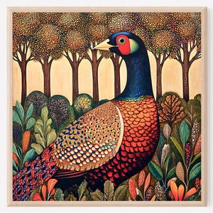 Kitchen Wall Decor Pheasant Cottagecore Vintage Painting Print, Bird Art, Farmhouse Wall Décor, Mid century Woodland Pheasant Gift Ideas