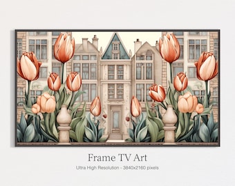 Amsterdam Houses and Tulips Samsung Frame TV Art, Samsung Frame TV Art NL, Vintage Frame Tv Art Netherlands, Amsterdam Cityscape