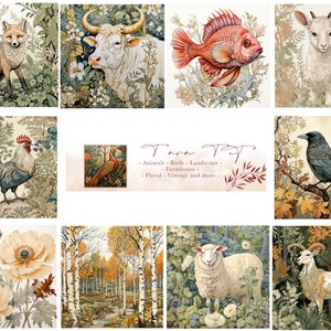 May include: A collage of digital illustrations featuring various animals, birds, and landscapes. The images include a fox, a cow, a fish, a goat, a rooster, a pheasant, a crow, a sheep, and a mountain goat. The images are surrounded by a border of leaves and flowers.