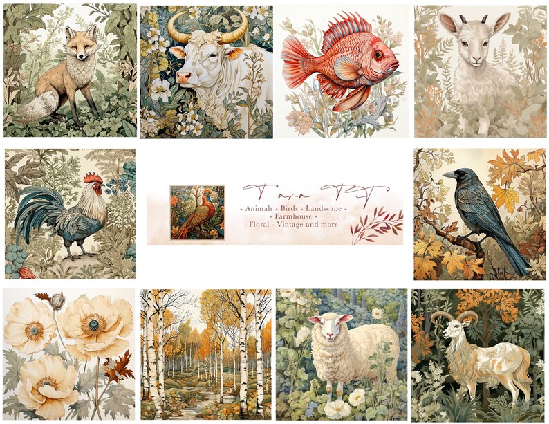 May include: A collage of digital illustrations featuring various animals, birds, and landscapes. The images include a fox, a cow, a fish, a goat, a rooster, a pheasant, a crow, a sheep, and a mountain goat. The images are surrounded by a border of leaves and flowers.