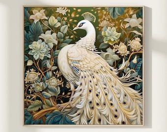 Peacock Bird Art, Bird Wall Art, White Peacock Print, Printable Art, Vintage style Print, Farmhouse Decor, Modern Wall Art