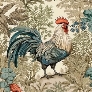 May include: A detailed illustration of a rooster standing on a rock surrounded by lush green foliage. The rooster has a bright red comb and wattle, a blue and green body, and a long, flowing tail.