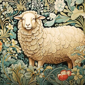 May include: A white sheep stands in a field of colorful flowers. The sheep has a fluffy white coat and a gentle expression. The flowers are a variety of colors, including red, orange, yellow, and blue. The background is a dark green.