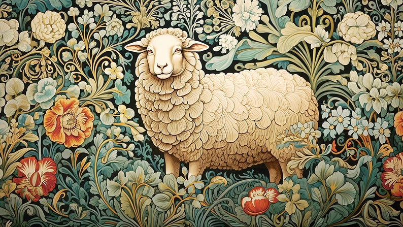 May include: A white sheep stands in a field of colorful flowers. The sheep has a fluffy white coat and a gentle expression. The flowers are a variety of colors, including red, orange, yellow, and blue. The background is a dark green.