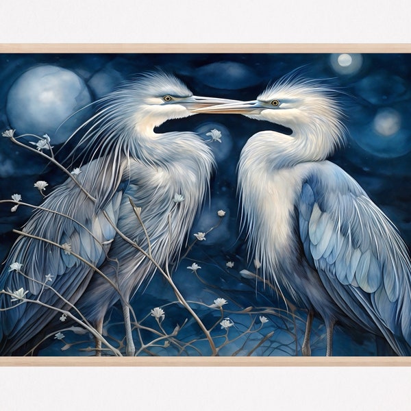 Heron Print, Birds Painting, Vintage Style Poster Wall Art Decor, Great Blue Heron Artwork, Bird Lover Gift