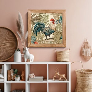 May include: A framed illustration of a rooster with a blue and green body, red comb, and yellow beak standing in a lush green forest. The frame is made of wood and has a light brown finish.