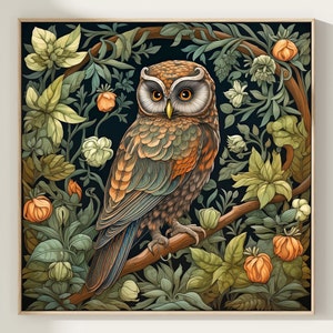 William Morris inspirierter Eulen-Kunstdruck, druckbarer Vogel, Eulen-Wandkunst, Walddruck, Eulen-Geschenk, Eulen-Poster, Vogel-Natur-Kunst, quadratische Wandkunst