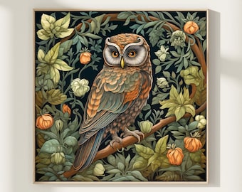 William Morris Inspired Owl Art Print Bird Printable, Owl Wall Art, Forest Print, Owl Gift, Owl Poster, Bird Nature Art, Square Wall Art