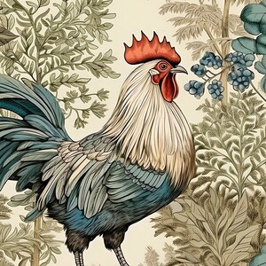 May include: A detailed illustration of a rooster with a red comb and wattle, standing in a field of green and brown foliage. The rooster has a blue and white plumage, and its tail feathers are spread out.