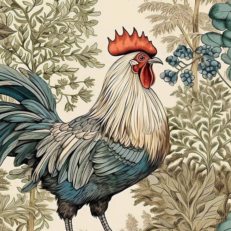 May include: A detailed illustration of a rooster with a red comb and wattle, standing in a field of green and brown foliage. The rooster has a blue and white plumage, and its tail feathers are spread out.
