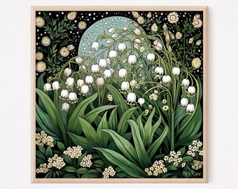 Maiglöckchen Kunstdruck, William Morris inspiriertes Royalcore Poster, Blumen Liebhaber Geschenk, Quadratischer Blumendruck, Home Decor Geschenk