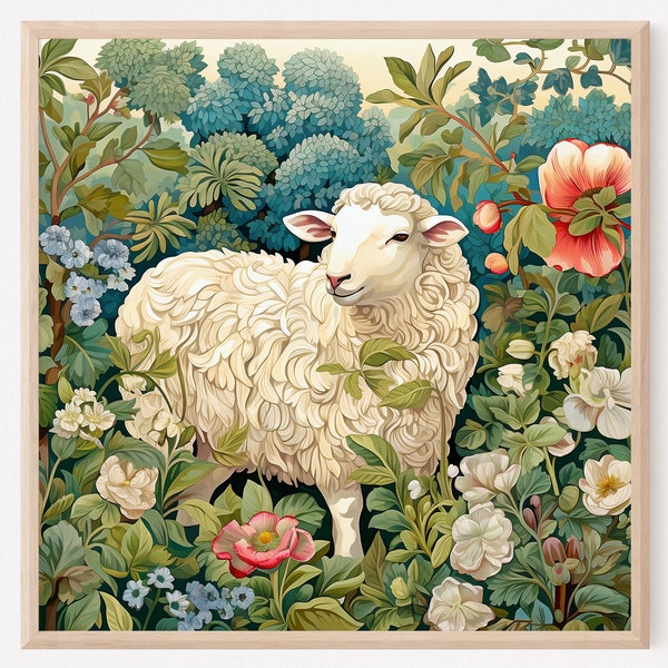 Sheep Art Print, Sheep in Garden Painting, Vintage Sheep Painting Print, Farm Animal Painting, Neutral Painting, Farmhouse decor. SH