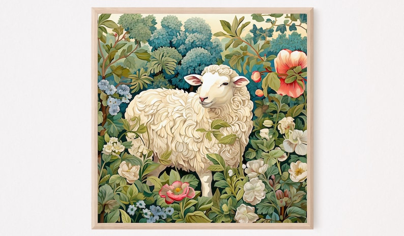 Sheep Art Print, Sheep in Garden Painting, Vintage Sheep Painting Print ...