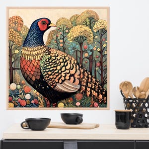 Kitchen Wall Decor Pheasant Cottagecore Vintage Painting Print, Bird Art, Farmhouse Wall Décor, Mid century Woodland Pheasant Gift Ideas