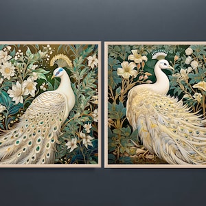 Set of 2 William Morris Inspired White Peacock Art Print, Bird Art, Printable Wall Art, Art Deco Print, Dark Wall Art, Square Large Wall Art