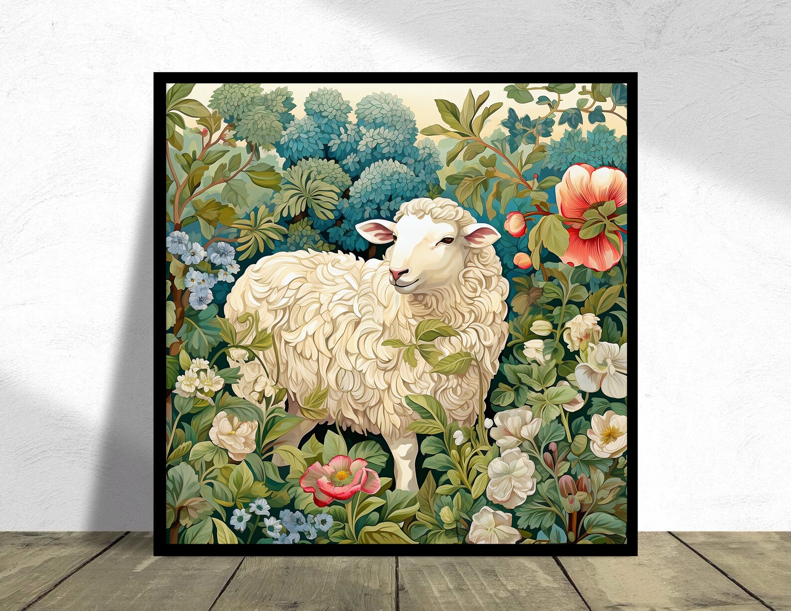 Sheep Art Print, Sheep in Garden Painting, Vintage Sheep Painting Print ...