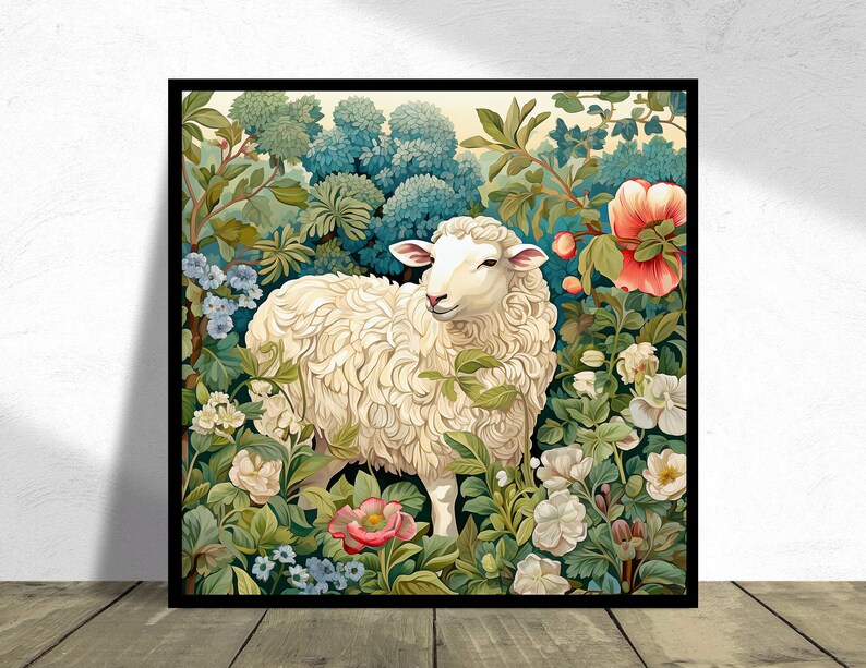 Sheep Art Print, Sheep in Garden Painting, Vintage Sheep Painting Print ...