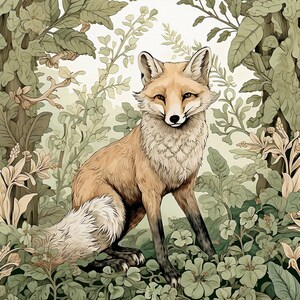 May include: A red fox with white fur on its chest and tail sits in a lush green forest. The fox is surrounded by green leaves and flowers.