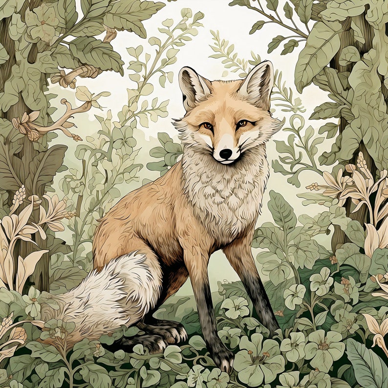 May include: A red fox with white fur on its chest and tail sits in a lush green forest. The fox is surrounded by green leaves and flowers.