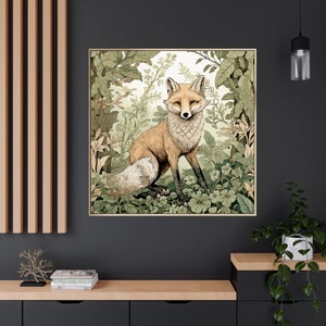 May include: A digital illustration of a red fox standing in a lush green forest. The fox has a bushy tail and is looking directly at the viewer. The background is filled with detailed foliage and flowers.