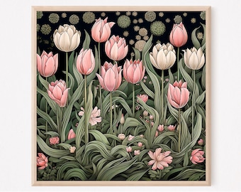 William Morris Inspired Tulips Art Print, Dark Wall Art, Royalcore Poster, Flowers Lover Gift, Square Floral Print, Home Decor Gift Art