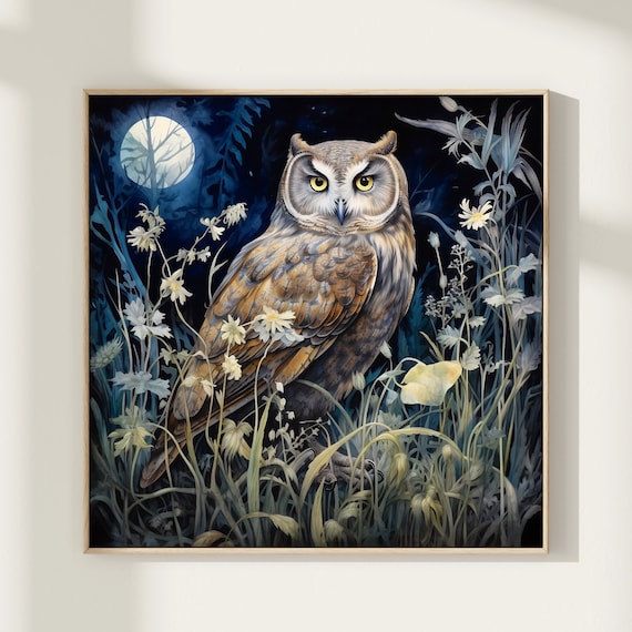 William Morris Inspired Owl Art Print, Bird Print, Owl Wall Art, Meadow Print, Owl Gift, Owl Poster, Bird Nature, Square Wall Art