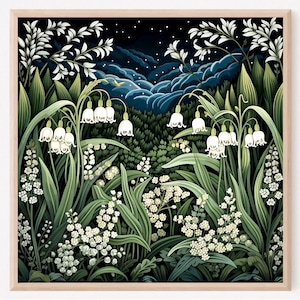 William Morris Inspired Lily of the Valley Art Print Dark Wall Art  Poster, Flowers Lover Gift Square Floral Print Home Decor Gift