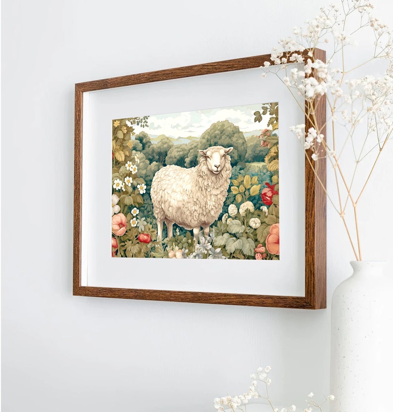Sheep Art Print, Sheep in Garden Painting, Vintage Sheep Painting Print ...