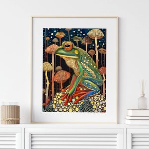 May include: A colorful illustration of a green frog with red and blue accents sitting on a mushroom in a forest of mushrooms. The mushrooms are various shades of brown, orange, and yellow.