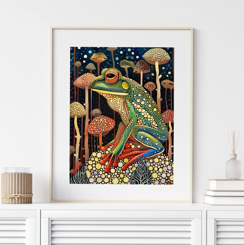 May include: A colorful illustration of a green frog with red and blue accents sitting on a mushroom in a forest of mushrooms. The mushrooms are various shades of brown, orange, and yellow.