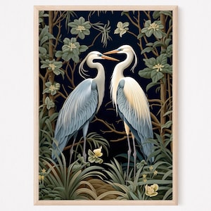 Blue Heron Art, Great Blue Heron Print, Dark Wall Art, William Morris Print, Great Wedding Gift, Mom gift, Large Bird Picture
