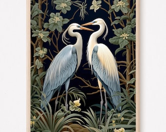 Blue Heron Art, Great Blue Heron Print, Dark Wall Art, William Morris Print, Great Wedding Gift, Mom gift, Large Bird Picture