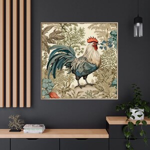 May include: A colorful illustration of a rooster standing in a lush green garden. The rooster has a red comb and wattle, blue and green feathers, and a yellow beak. The garden is filled with green leaves and flowers.