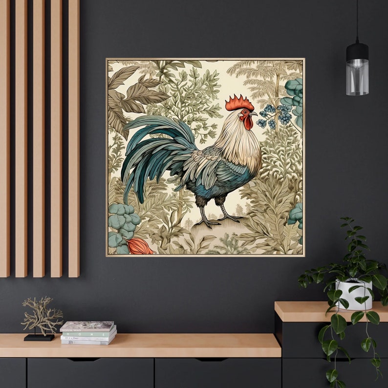 May include: A colorful illustration of a rooster standing in a lush green garden. The rooster has a red comb and wattle, blue and green feathers, and a yellow beak. The garden is filled with green leaves and flowers.