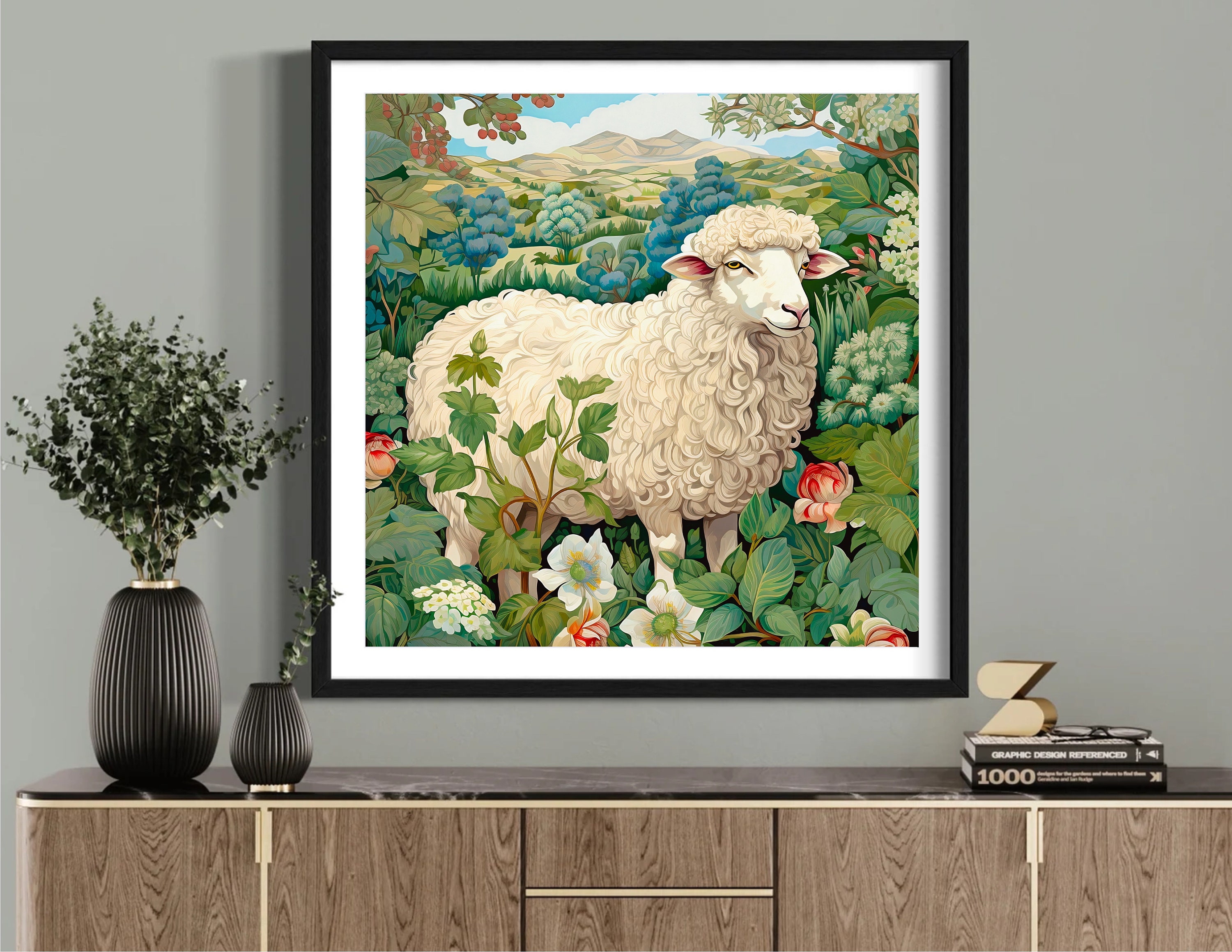Sheep Art Print, Sheep in Garden Painting, Vintage Sheep Painting Print ...