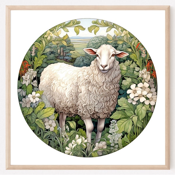 Sheep Painting, Fine Art, Sheep Circle Print, Farmhouse Art, Countryside Painting, Home Decor Gift