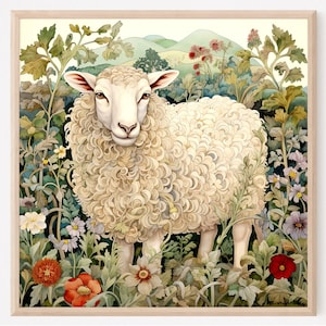 Sheep Art Print, Sheep in Garden Painting, Vintage Style Sheep Wall Art, Farm Animal Kitchen Decor, Farmhouse wall Decor, Gift