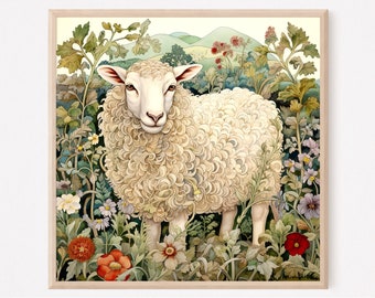 Sheep Art Print, Sheep in Garden Painting, Vintage Style Sheep Wall Art, Farm Animal Kitchen Decor, Farmhouse wall Decor, Gift