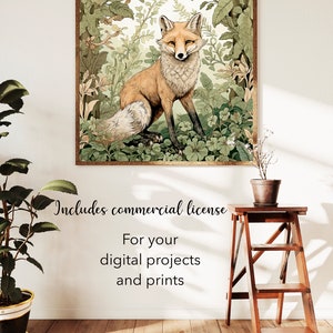 May include: A digital illustration of a red fox sitting in a lush green forest. The fox is surrounded by leaves, flowers, and vines. The image is framed in a brown wood frame.