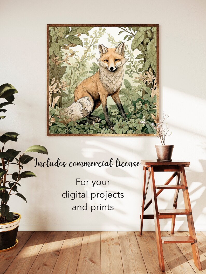 May include: A digital illustration of a red fox sitting in a lush green forest. The fox is surrounded by leaves, flowers, and vines. The image is framed in a brown wood frame.