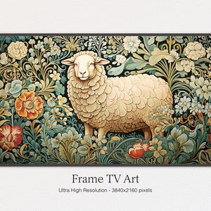 May include: A white sheep standing in a field of colorful flowers. The flowers are in a tapestry-like pattern with green leaves and vines. The background is dark green.
