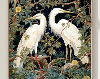 Great White Heron Print, Vintage Style Art, William Morris Inspired Artwork, Wedding Gift, Mom gift, Square Bird Print