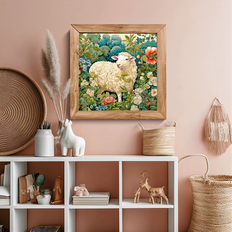 Sheep Art Print, Sheep in Garden Painting, Vintage Sheep Painting Print ...