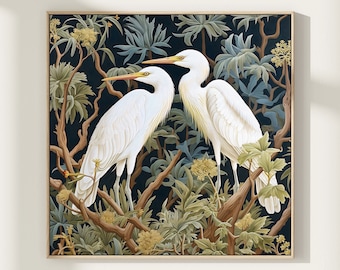 Digital Download Art, Snowy Heron Art Printable, Audubon White Egret Coastal Wall Art, Vintage Bird Print, Printable Wall Art