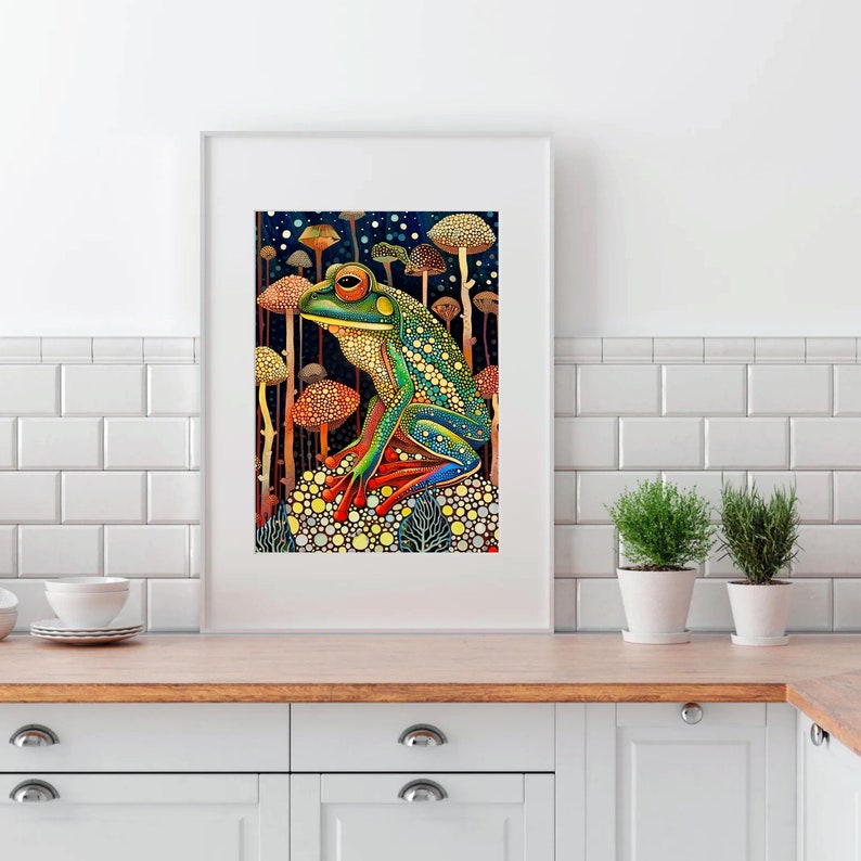 May include: A colorful painting of a green frog sitting on a mushroom with a background of many mushrooms and a dark blue sky.
