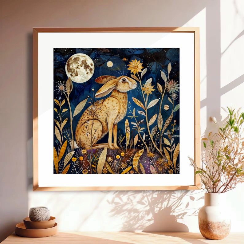 Moon Watching Hare in the Style of William Morris Art Print - Etsy