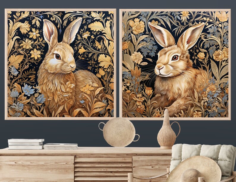 Printable Rabbit Paintings, Set of 2 Art Prints, Animal Prints, Bunny ...